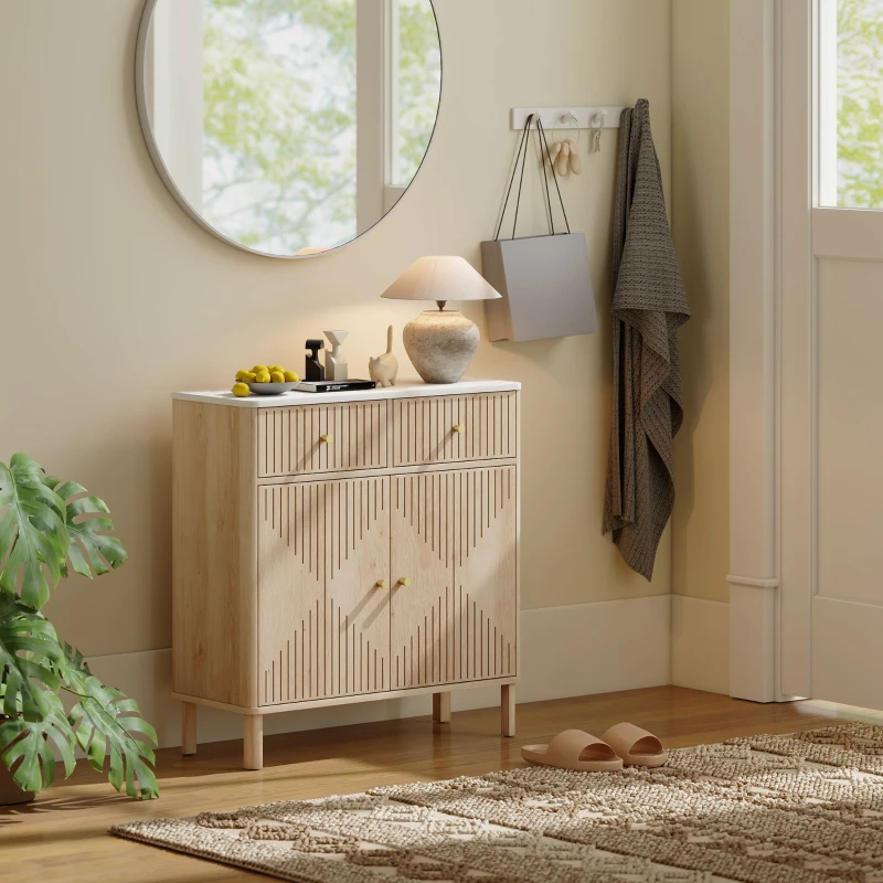 HOMCOM Buffet, meuble de rangement cannelé avec plateau effet marbre, 2 tiroirs, 2 portes, étagère réglable, 77x30x80cm, chêne