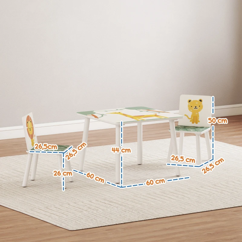 AIYAPLAY Table enfant avec chaise, ensemble table et 2 chaises enfant en bois, motifs animaux, 60 x 60 x 44 cm, vert