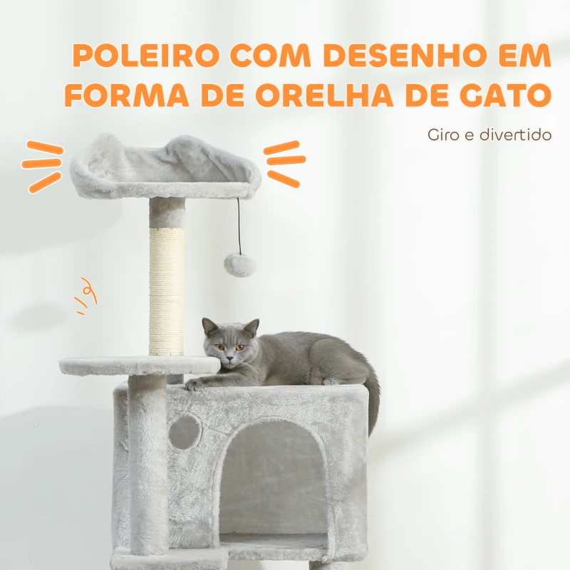 PawHut Arranhador para Gatos com Múltiplas Plataformas Cama 2 Cavernas Rede Escada Postes de Sisal 48x48x160 cm Cinzento Claro