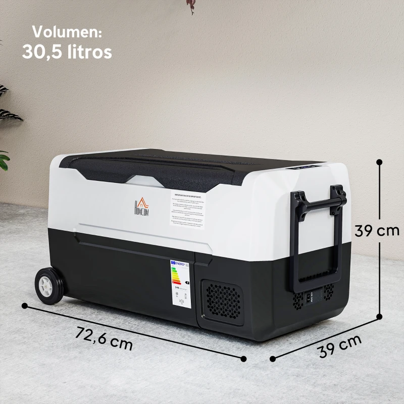HOMCOM Nevera Compresor 30,5L -20℃-20℃ 12 / 24V DC y 100-240V CA con 2 Ruedas y Compartimento Congelador 72,6x39x37,3 cm Negro