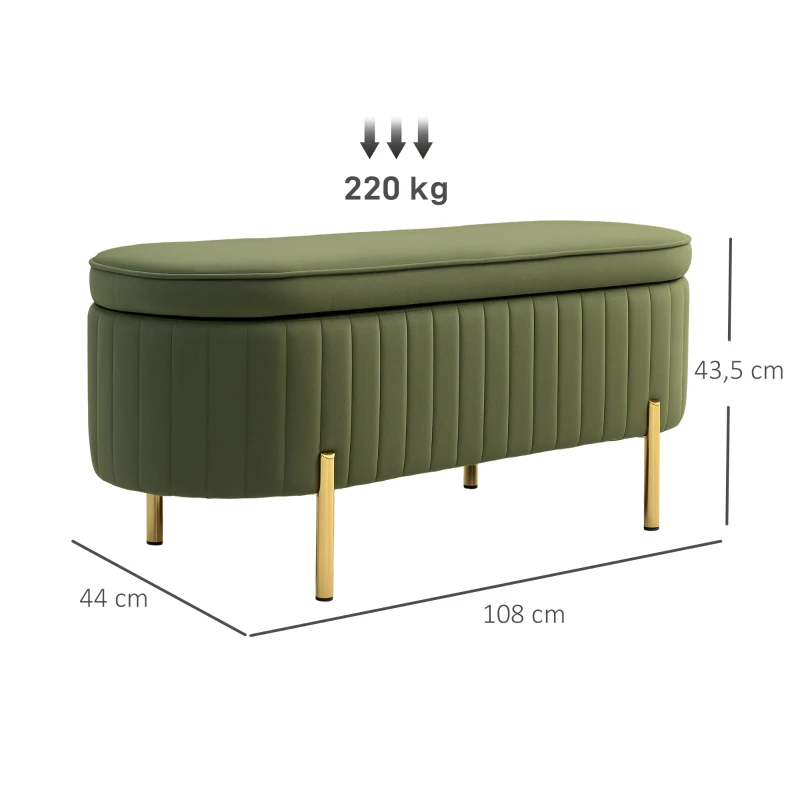 HOMCOM Banc de rangement, bout de lit en velours avec couvercle, pieds en métal, capacité 72 L, 108x44x43,5cm, vert foncé