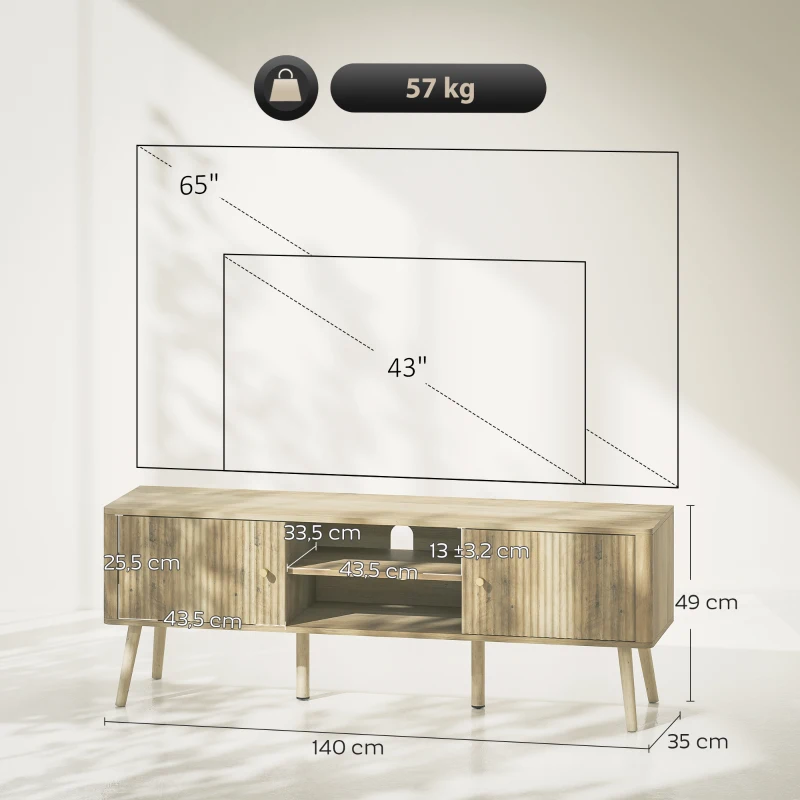 HOMCOM Meuble TV, meuble télé jusqu'à 65 pouces avec 2 portes, 2 compartiments ouverts, étagère réglable, 140x35x49cm, chêne