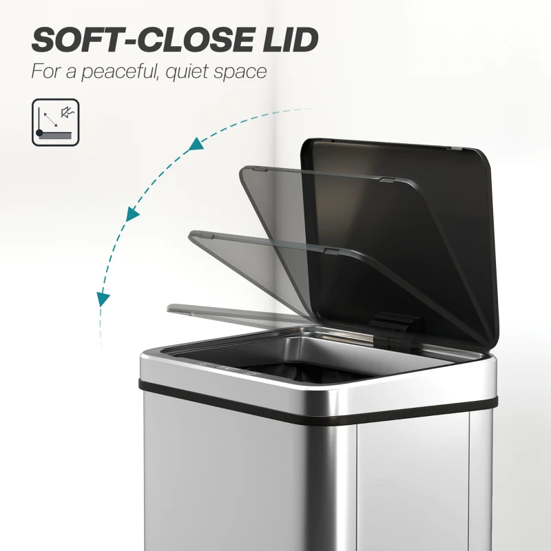 HOMCOM 40L Sensor Bin with Quiet Soft-Close Lid, Automatic Touchless Motion Sensor Kitchen Bin with Fingerprint Resistant Stainless Steel for Hygienic Gyms, Home Office Use, Silver Tone