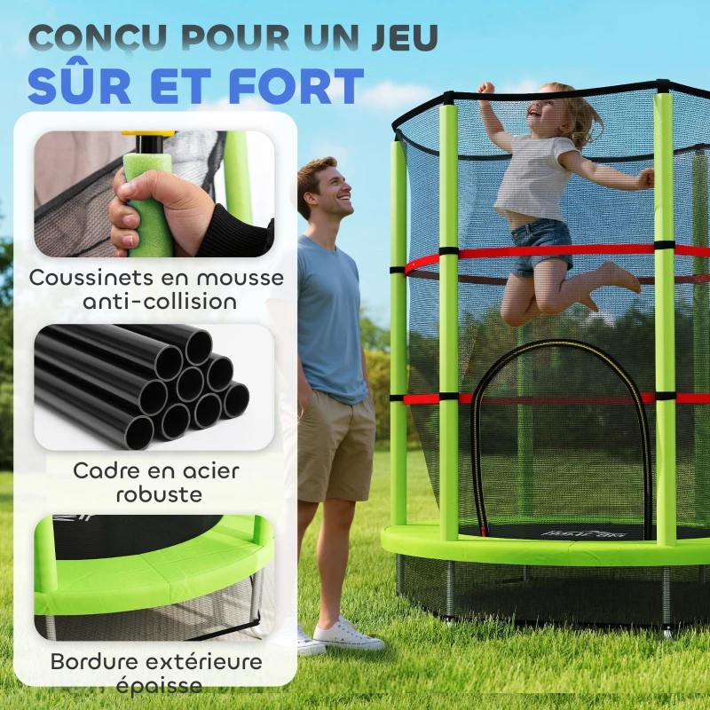 HOMCOM Trampoline pour enfant filet de sécurité porte zippée 6 poteaux rembourrés charge max. 45 kg Ø 1,40 x 1,90H m vert