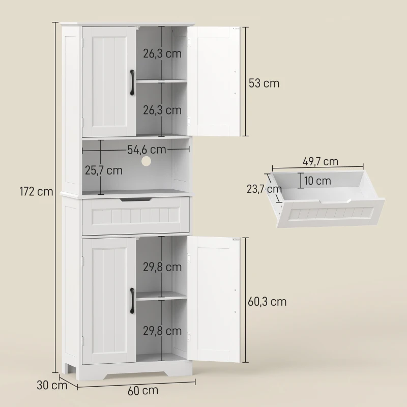 HOMCOM Buffet cuisine, armoire de cuisine avec 4 portes, tiroir, compartiment ouvert et étagères réglables, 60x30x172cm, blanc(m-3)