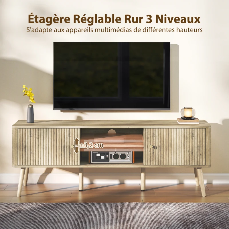 HOMCOM Meuble TV, meuble télé jusqu'à 65 pouces avec 2 portes, 2 compartiments ouverts, étagère réglable, 140x35x49cm, chêne