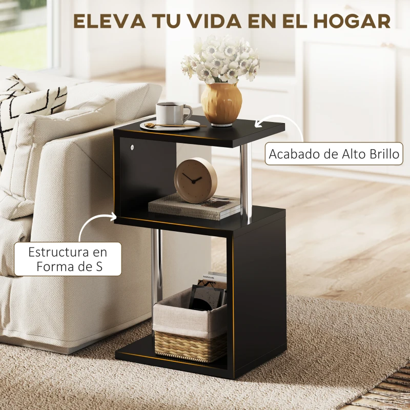 HOMCOM Mesa Auxiliar con Luz LED de 3 Niveles con Estantes y Estructura de Aluminio para Salón Dormitorio 44x38x75 cm Negro