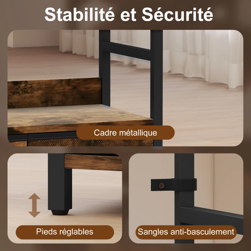 HOMCOM Bibliothèque étagère de rangement à 6 niveaux avec 4 étagères, 3 tiroirs en tissu, 60x30x176cm, brun rustique