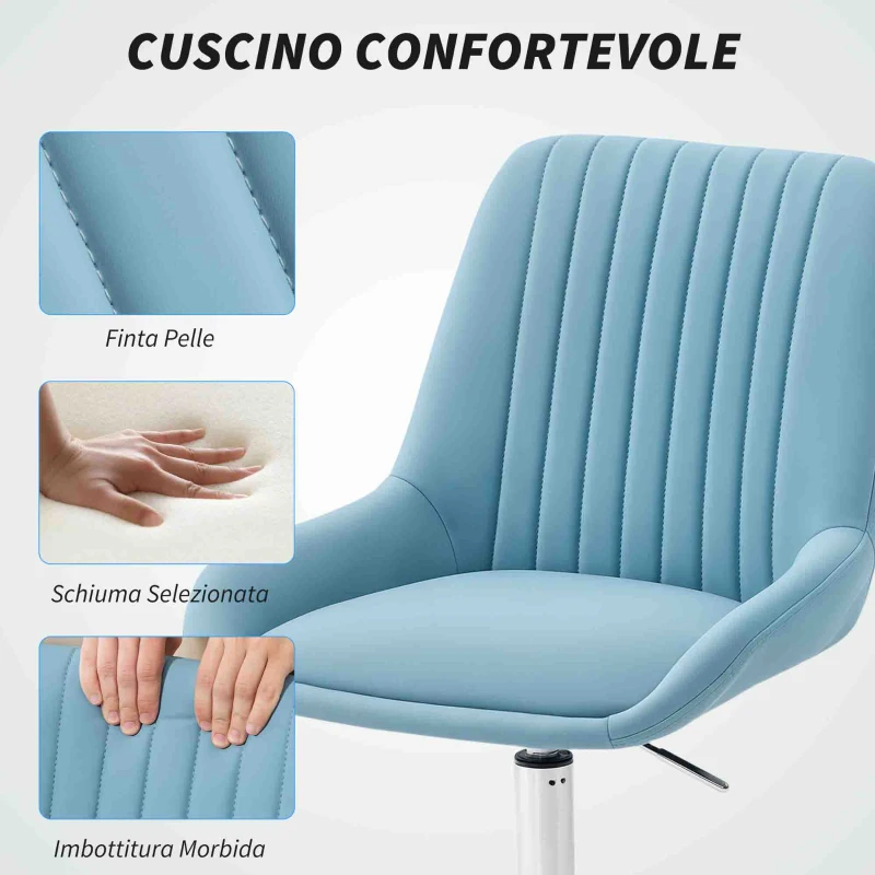 HOMCOM Sedia per Scrivania ad Altezza Regolabile con 5 Rotelle, in Silicone PU, Schiuma e Acciaio, 52x58x80-90 cm, Blu
