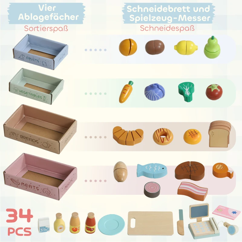 AIYAPLAY Supermarktstand für Kinder, Spielkasse, 34 Zubehörteile, Kasse, MDF, Grün