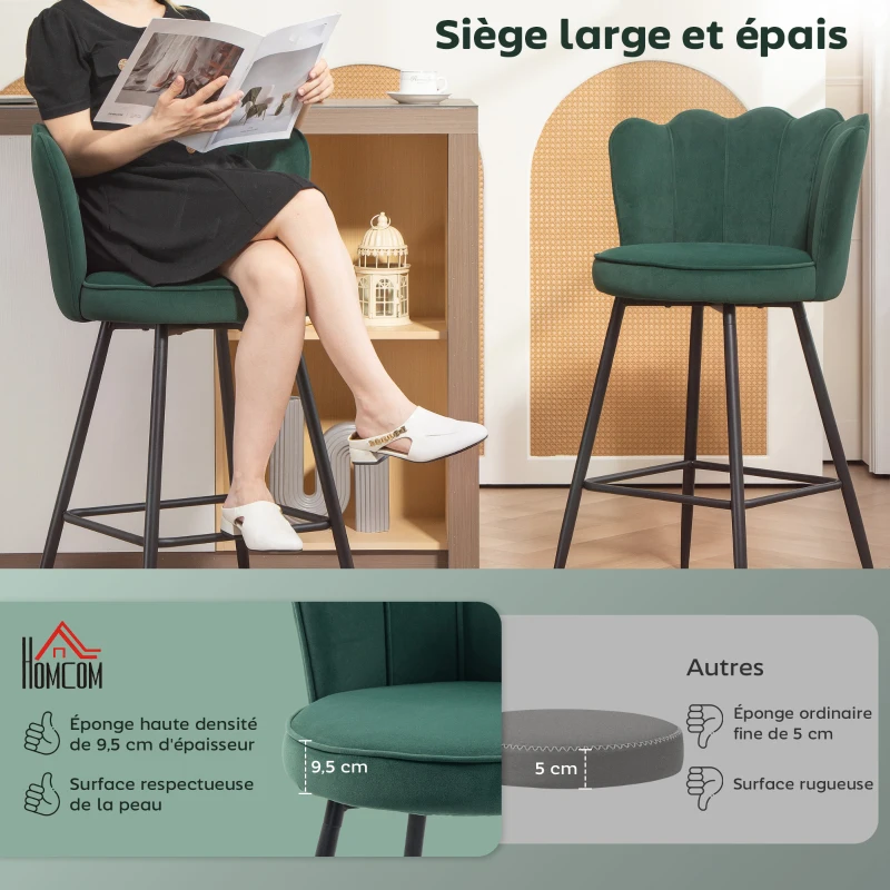 HOMCOM Lot de 2 tabourets de bar, chaises de bar avec dossier et repose-pieds, pieds en acier, 54 x 55 x 97 cm, vert foncé
