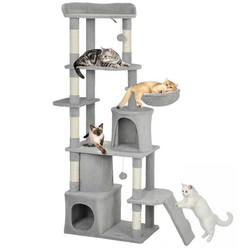 PawHut Large Cat Tree 67 in with Tunnel, 7 Posts, 3 Platforms & 2 Caves – Light Gray