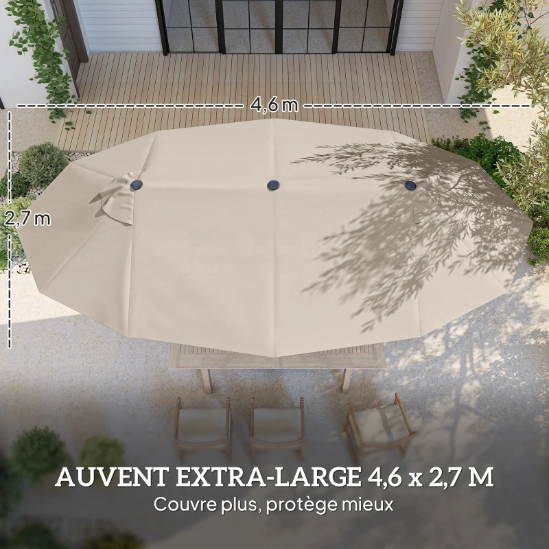 Outsunny Parasol de jardin double rectangulaire 4,6L x 2,7l x 2,4H m avec ouverture fermeture manivelle, toile 180 g/m², kaki