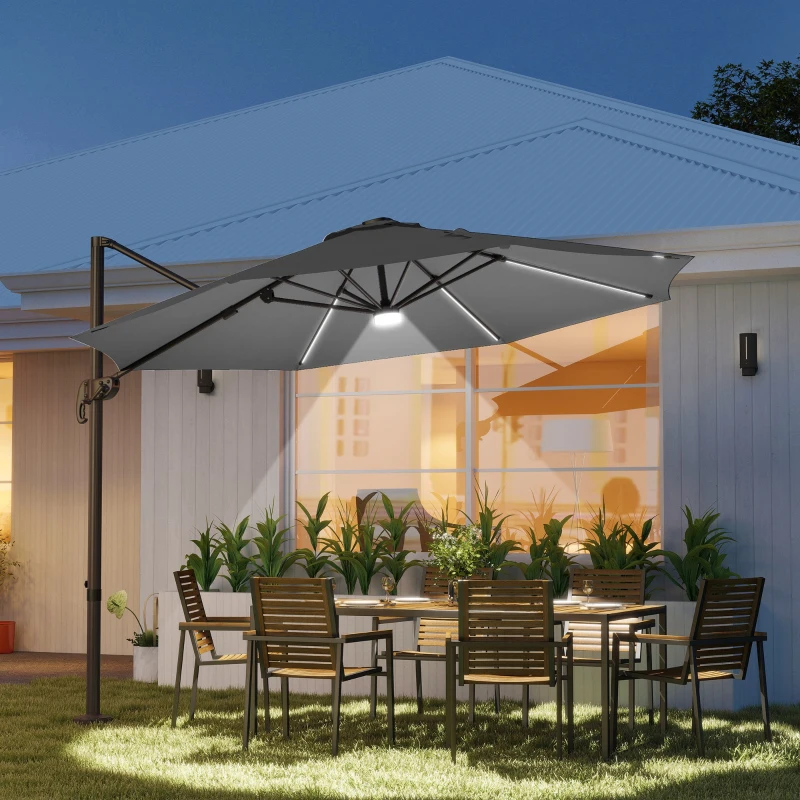Outsunny Cantilever Parasol, with LED Lights and Cross Base - Dark Grey