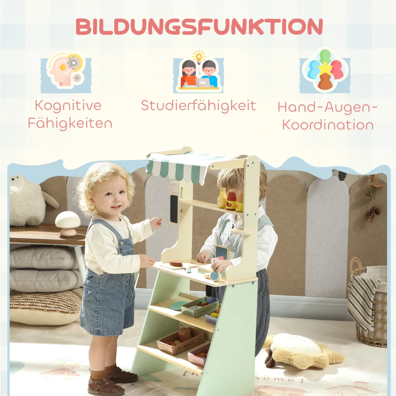 AIYAPLAY Supermarktstand für Kinder, Spielkasse, 34 Zubehörteile, Kasse, MDF, Grün