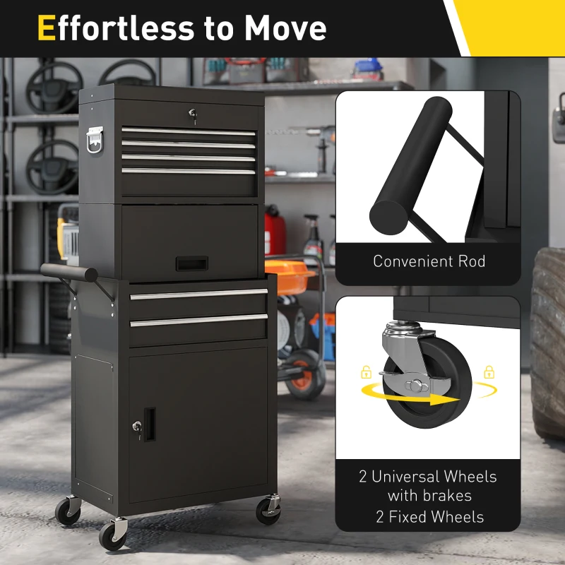 HOMCOM Rollbarer Werkzeugschrank, 6 Schubladen, 2 Schränke, Stahl, verschließbar, Schwarz