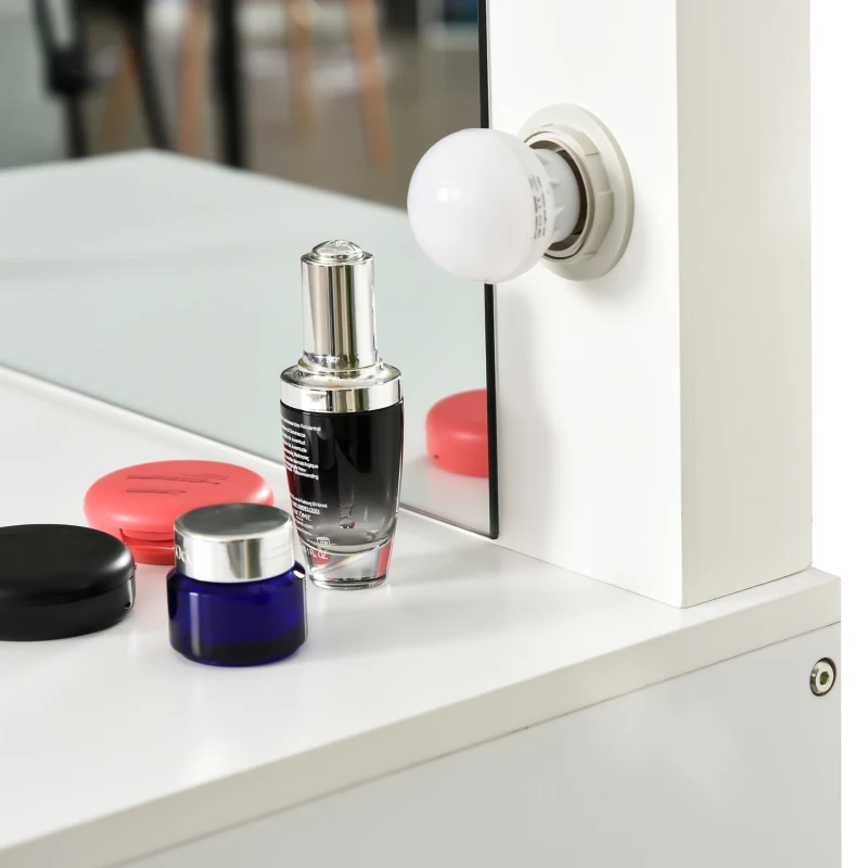 HOMCOM Set Tavolo da Trucco Toeletta con Specchio, 12 Luci LED, Sgabello Imbottito e Ampio Cassetto in Legno, 80x40x140 cm, Bianco