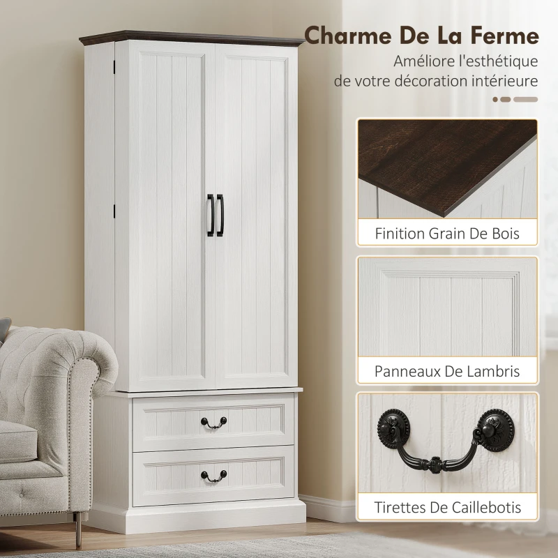 HOMCOM Buffet haut cuisine, armoire de cuisine, LED à capteur, 2 portes, tiroirs et étagères réglables, 76x39,5x183cm, blanc