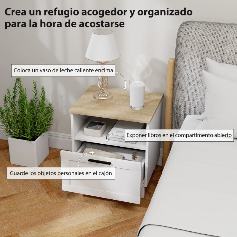HOMCOM Juego de 2 Mesitas de Noche Mesillas de Noche con Cajón Compartimento Abierto Patas de Madera 45x38x50 cm Blanco