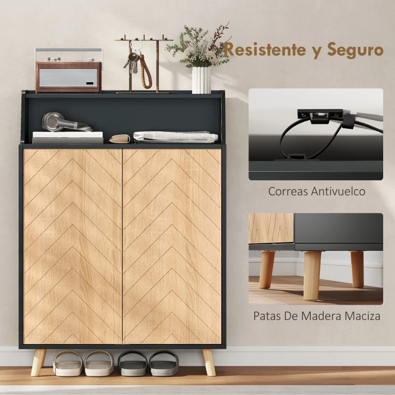 HOMCOM Zapatero Entrada Recibidor con 2 Puertas Estantes Ajustables y Compartimento Abierto 75x35x104 cm Negro y Natural