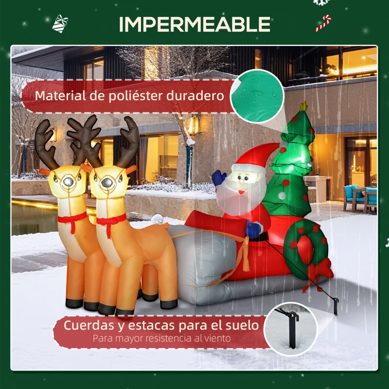 Outsunny Papá Noel Hinchable con Trineo y Renos Inflables de Navidad con Luces LED para Exterior e Interior 216x90x150 cm