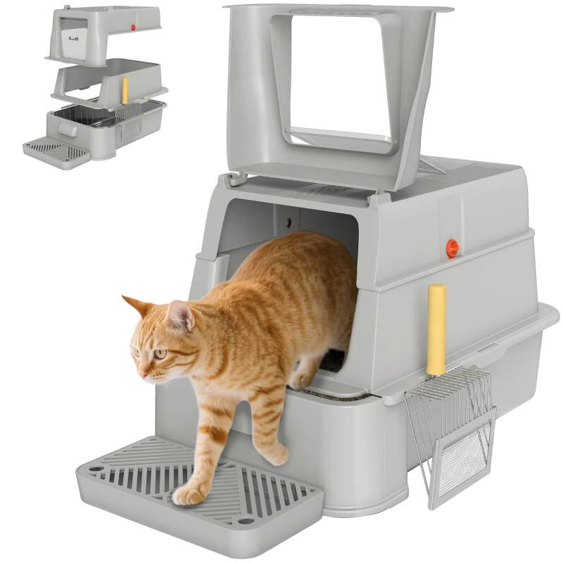 PawHut Arenero para Gatos de Acero Inoxidable XL con Tapa Abatible 180° Laterales Altos Pedal Pala Gris Claro