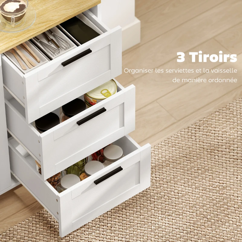 HOMCOM Buffet salon, meuble de rangement, double porte à fermeture amortie, 3 tiroirs et étagère réglable, 120x38x76cm, blanc