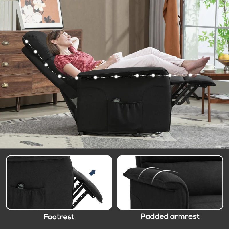 HOMCOM Sillón Relax Reclinable Eléctrico Levanta Personas con Mando a Distancia y Bolsillo Lateral Tapizado en Lino Negro