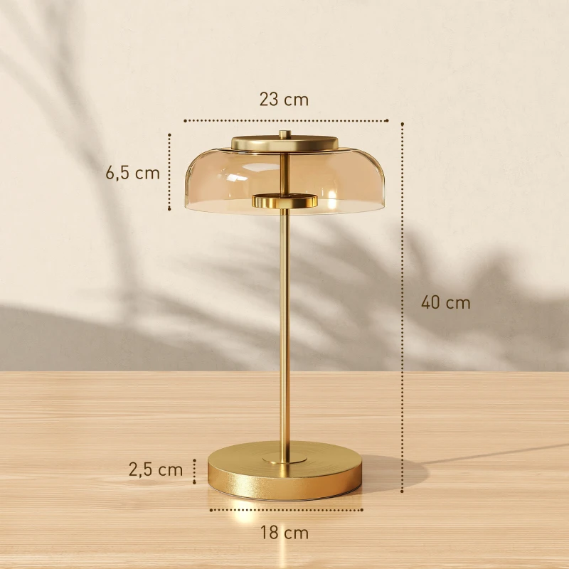 HOMCOM Tischlampe Tischleuchte mit warmem LED-Licht, Metallsockel, bernsteinfarbenem Glasschirm, Ø23 x 40H cm, Gold