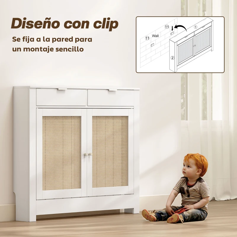 HOMCOM Cubre Radiadores con Puertas Abatibles y Ratán 2 Compartimentos Diseño Bohemio para Salón Dormitorio Blanco
