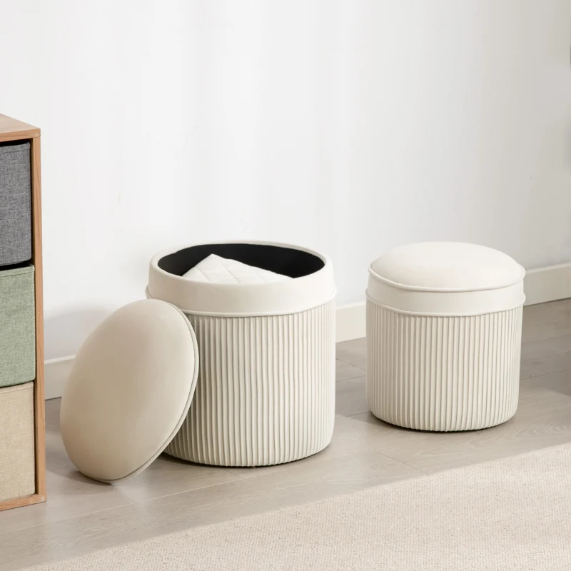 HOMCOM Lot de 2 poufs de rangement en velours, repose-pieds ronds gigognes avec couvercle amovible, Ø 36 et Ø 32 cm, crème