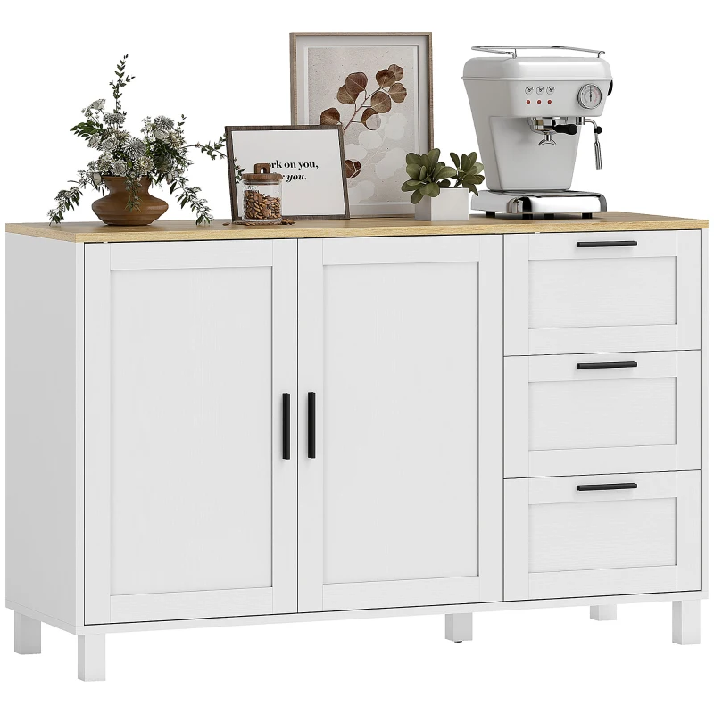 HOMCOM Buffet salon, meuble de rangement, double porte à fermeture amortie, 3 tiroirs et étagère réglable, 120x38x76cm, blanc