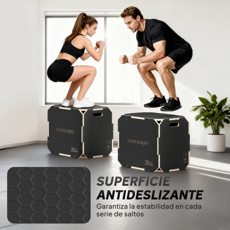 SPORTNOW Cajón Pliométrico de Madera 3 en 1 con 3 Alturas Diferentes Asas sin Esquinas Entrenamiento de Salto 61x51x40,5 cm