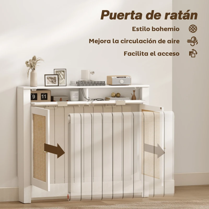 HOMCOM Cubre Radiadores con Puertas Abatibles y Ratán 2 Compartimentos Diseño Bohemio para Salón Dormitorio Blanco