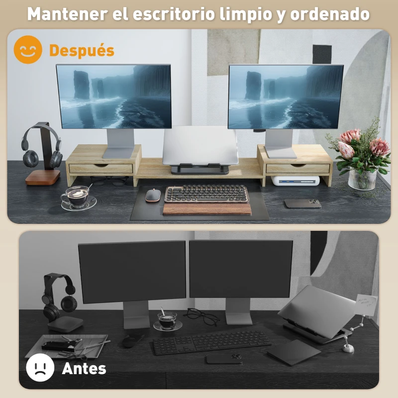 HOMCOM Elevador Monitor Ángulo y Longitud Ajustable con 2 Cajones para Portátil Computadora PC 60-116x22x12 cm Roble