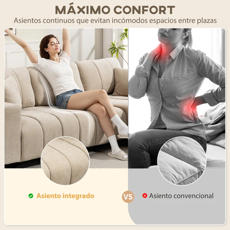 HOMCOM Sofá Chaise Longue Reversible de 3 Plazas 2 Almohadas Tapizado en Lino Marco de Acero 242x156x87 cm Beige