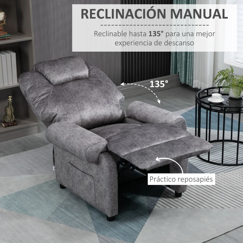 HOMCOM Sillón Relax Reclinable Manual hasta 135º con Reposabrazos Reposapiés Acolchado Grueso Gris