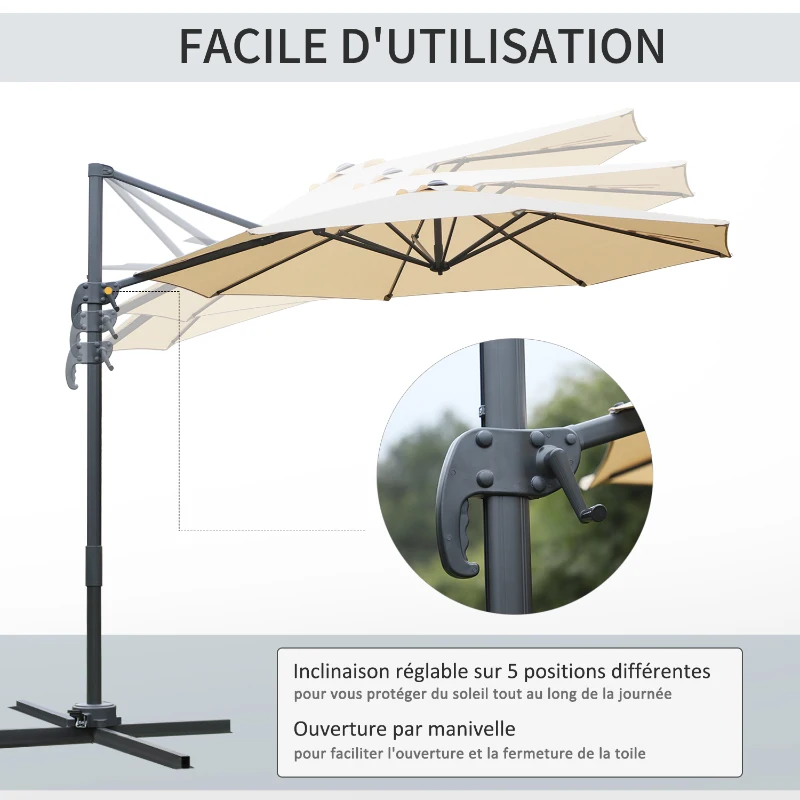 Outsunny Parasol déporté octogonal inclinable parasol rotatif 360° avec pied en croix 8 beleines manivelle inclus châssis alu.