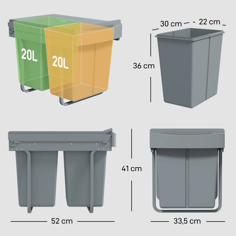 HOMCOM Cubo de Basura bajo Fregadero 2 Contenedores de Reciclaje Extraíble 2 x 20 L Deslizamiento Suave Gris