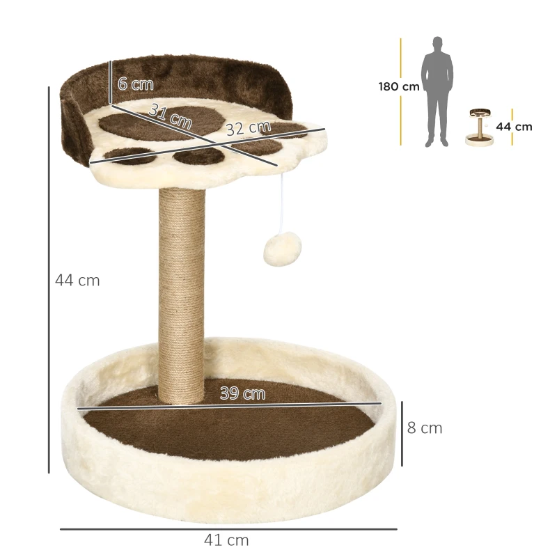 PawHut Árbol Rascador para Gatos Altura 44 cm Torre de Escalada con 2 Camas Poste de Yute, Juguete Colgante Marrón