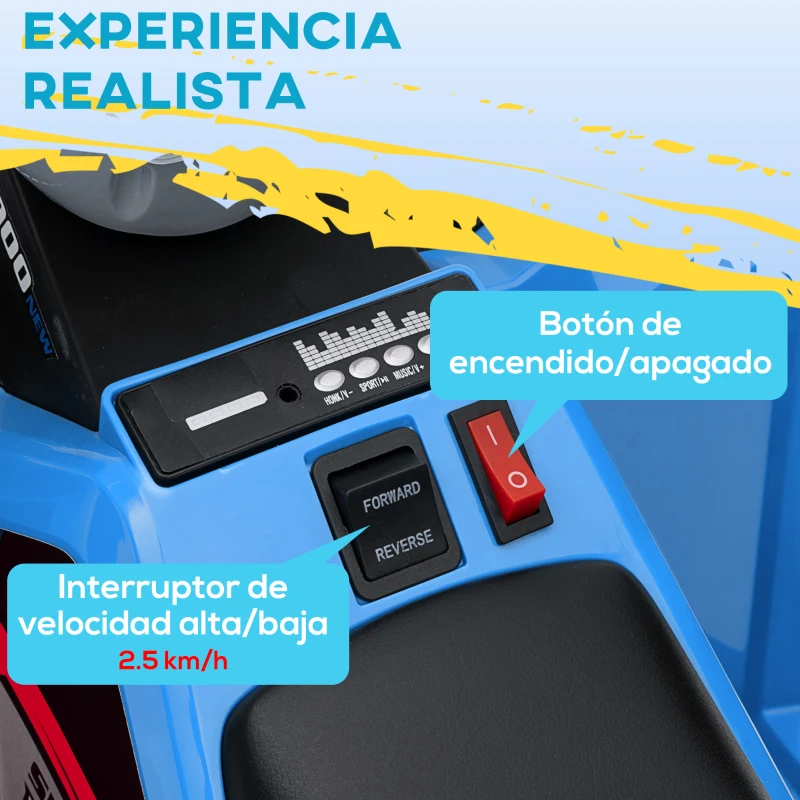 HOMCOM Quad Eléctrico para Niños con Remolque 6V Quad para Niños de 18-36 Meses con Velocidad 2,5 km/h 6 Ruedas Azul