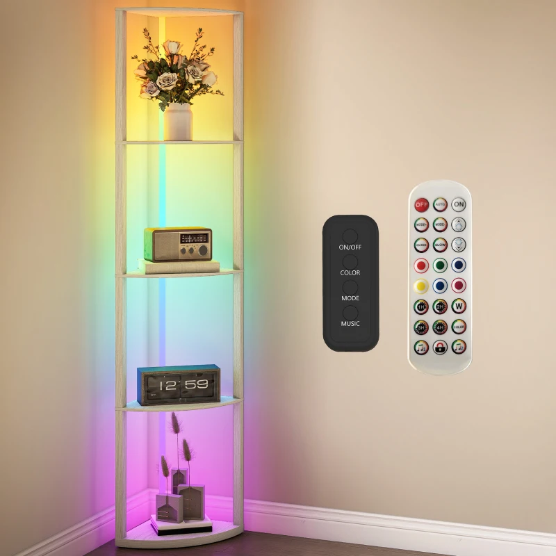 HOMCOM RGB LED Floor Lamp with Shelves, 5-Tier Dimmable Standing Lamp with Adjustable Brightness and Remote Control, Modern Corner Display Shelf Unit for Living Room Bedroom Office, Oak