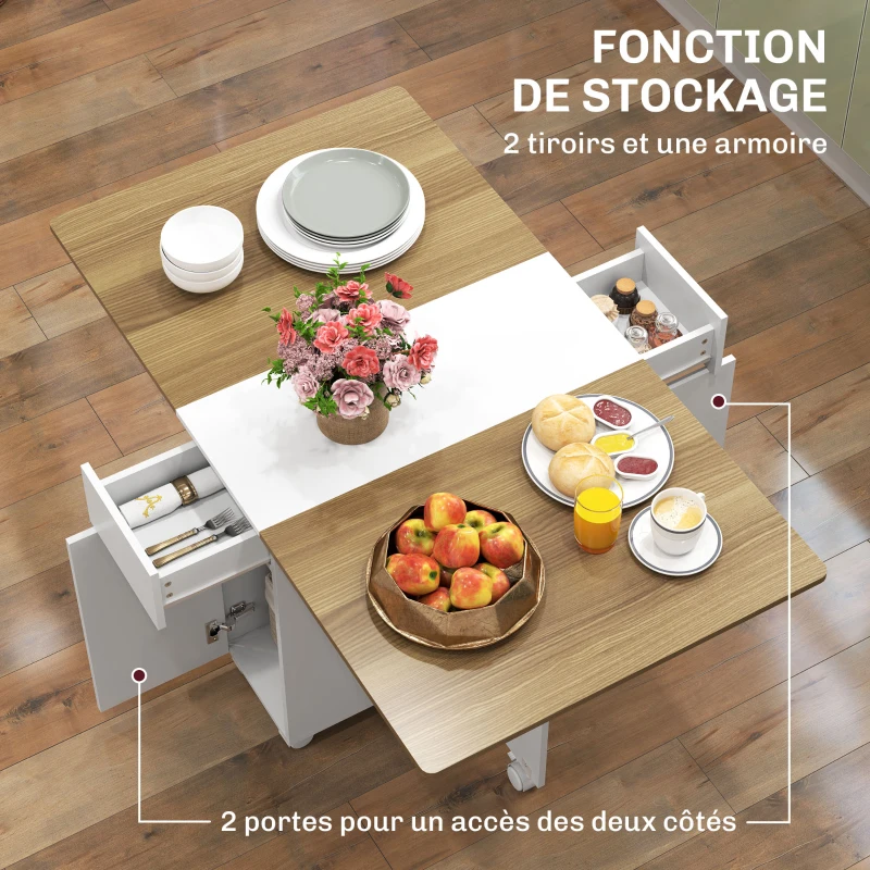 HOMCOM Table à manger pliable pour 6 personnes, table de cuisine sur roulettes avec 2 tiroirs 2 placards, 140x76x74cm, blanc