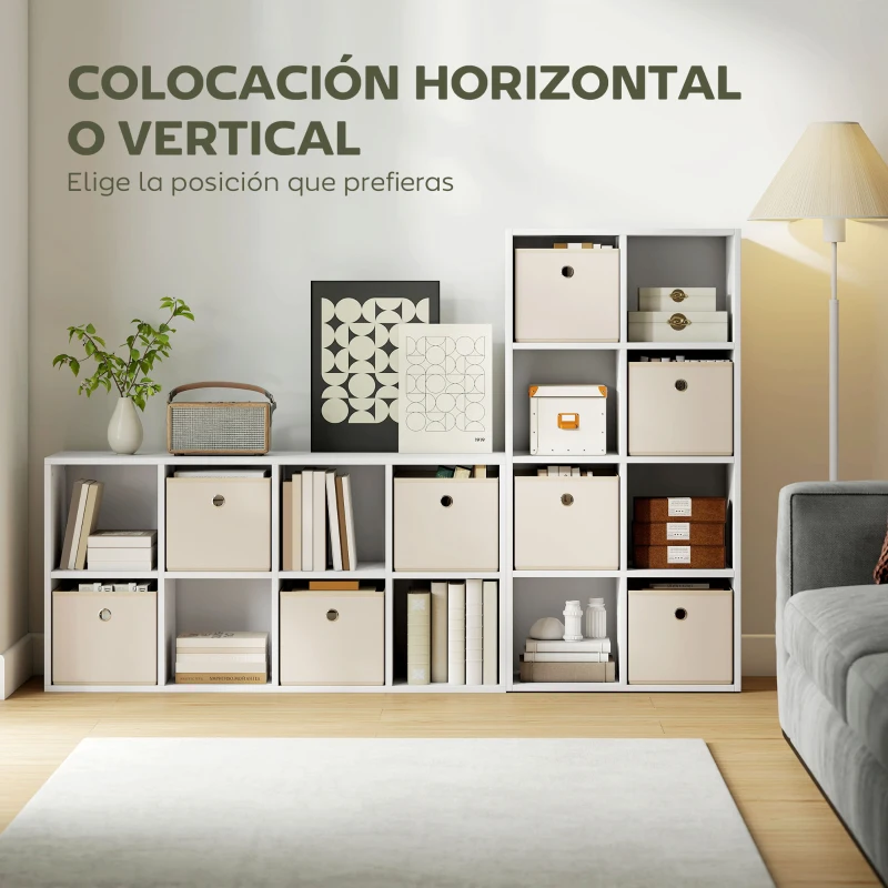 HOMCOM Estantería de 8 Cubos con 4 Cajones de Tela Horizontal o Vertical para Salón Dormitorio 105,9x30x53,7 cm Blanco y Beige