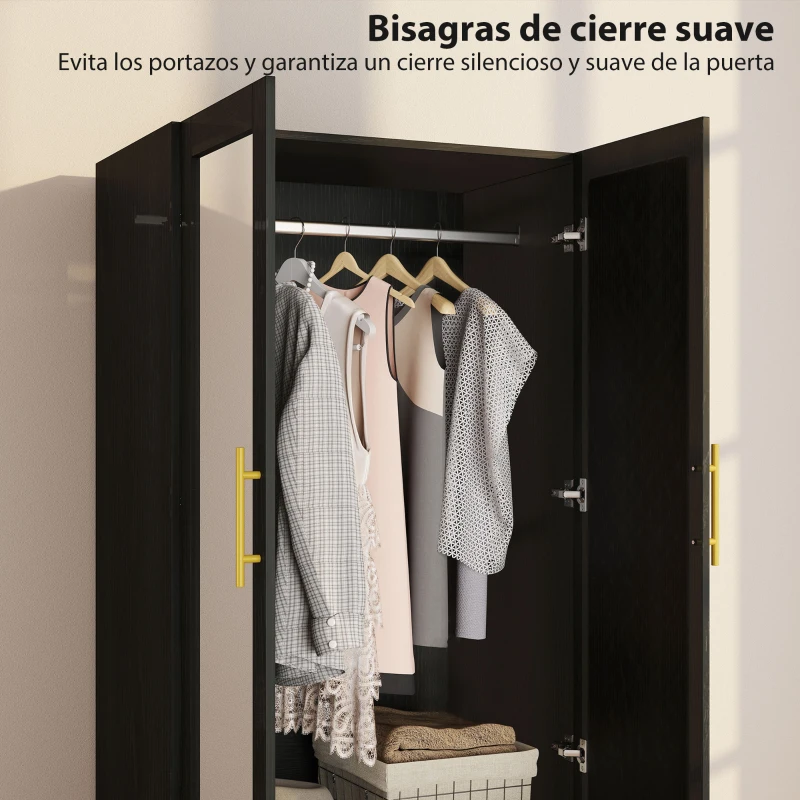 HOMCOM Armario Ropero con Espejo 2 Puertas y 2 Cajones Relieve de Diamante Barra para Colgar 80x50x180 cm Negro