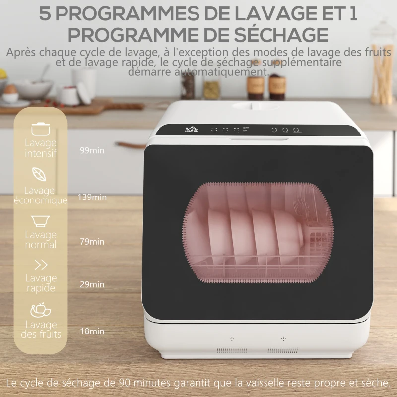 HOMCOM Mini lave-vaisselle 4 couverts 5 programmes réservoir d'eau 6L commande tactile affichage LED 45 x 44 x 45,8 cm blanc(m-5)