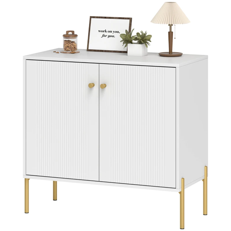 HOMCOM Buffet salon, meuble de rangement avec double porte cannelée, étagère réglable, pieds en acier, 80 x 39,1 x 76 cm, blanc