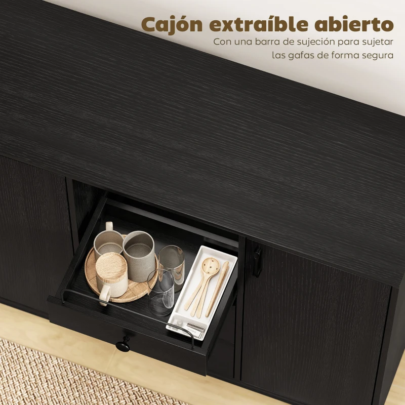 HOMCOM Aparador de 3 Puertas Aparador de Salón con 3 Cajones Estantes Ajustables para Cocina Entrada Negro 143,5x40x90 cm