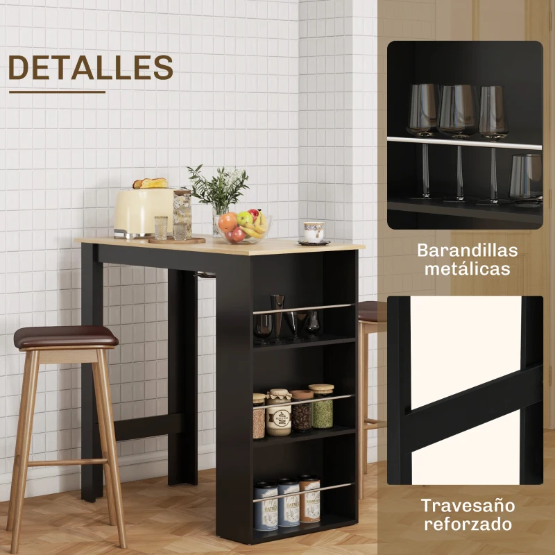 HOMCOM Mesa Alta de Bar Mesa de Cocina con 3 Estantes Marco de Madera Estilo Moderno 112x57x106 cm Negro y Natural