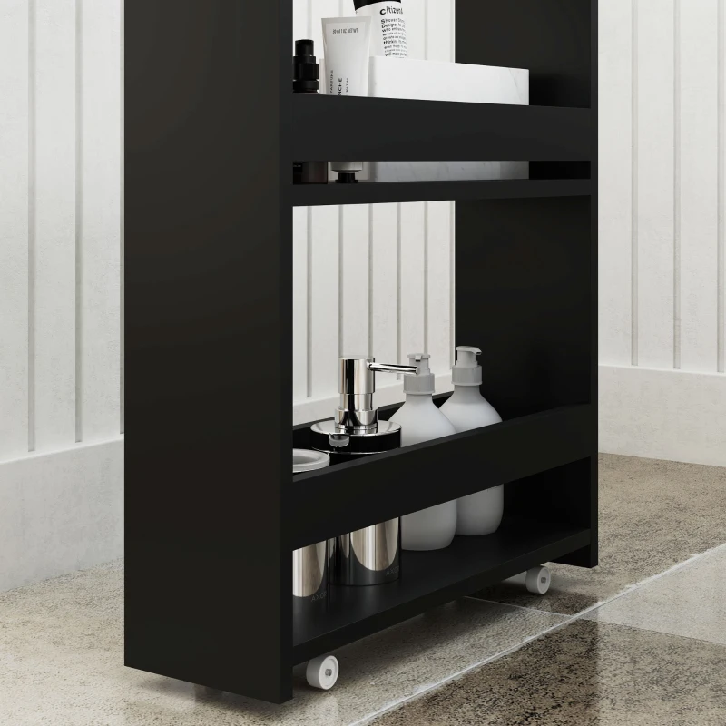 kleankin Carrito Auxiliar con Ruedas de 3 Niveles Carrito de Cocina Estrecho con 3 Estantes Tablero y Asa 48x15x80 cm Negro